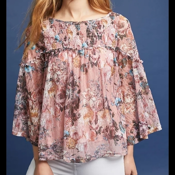 Anthropologie Akemi + Kin Patrizia Smocked Boat Neck Sheer Floral Top - Picture 2 of 11